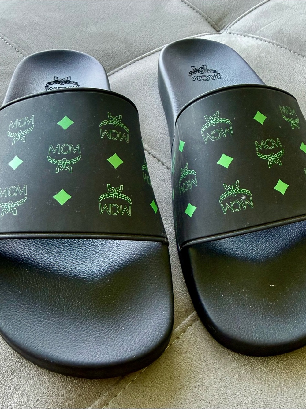 MCM Black Slides with Green Logo Pattern